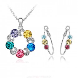 Platinum plated multicolor CZ diamonds ring shaped pendant with earrings